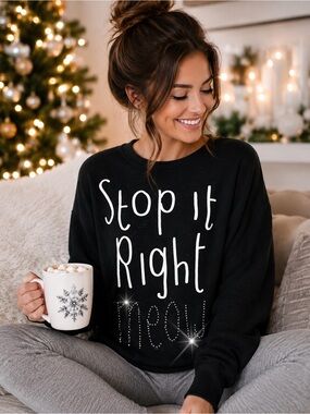 “Stop Right Meow” Cat Black Shirt Multicolored Rhinestones Graphic Bust 34” XS